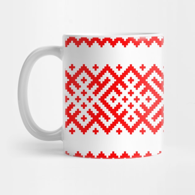 Ethno Slavic Pattern - Bogoroditsa - Symbol Horizontal - Pagan Obereg - Scarlet Red on White Ornament by GrandTartaria